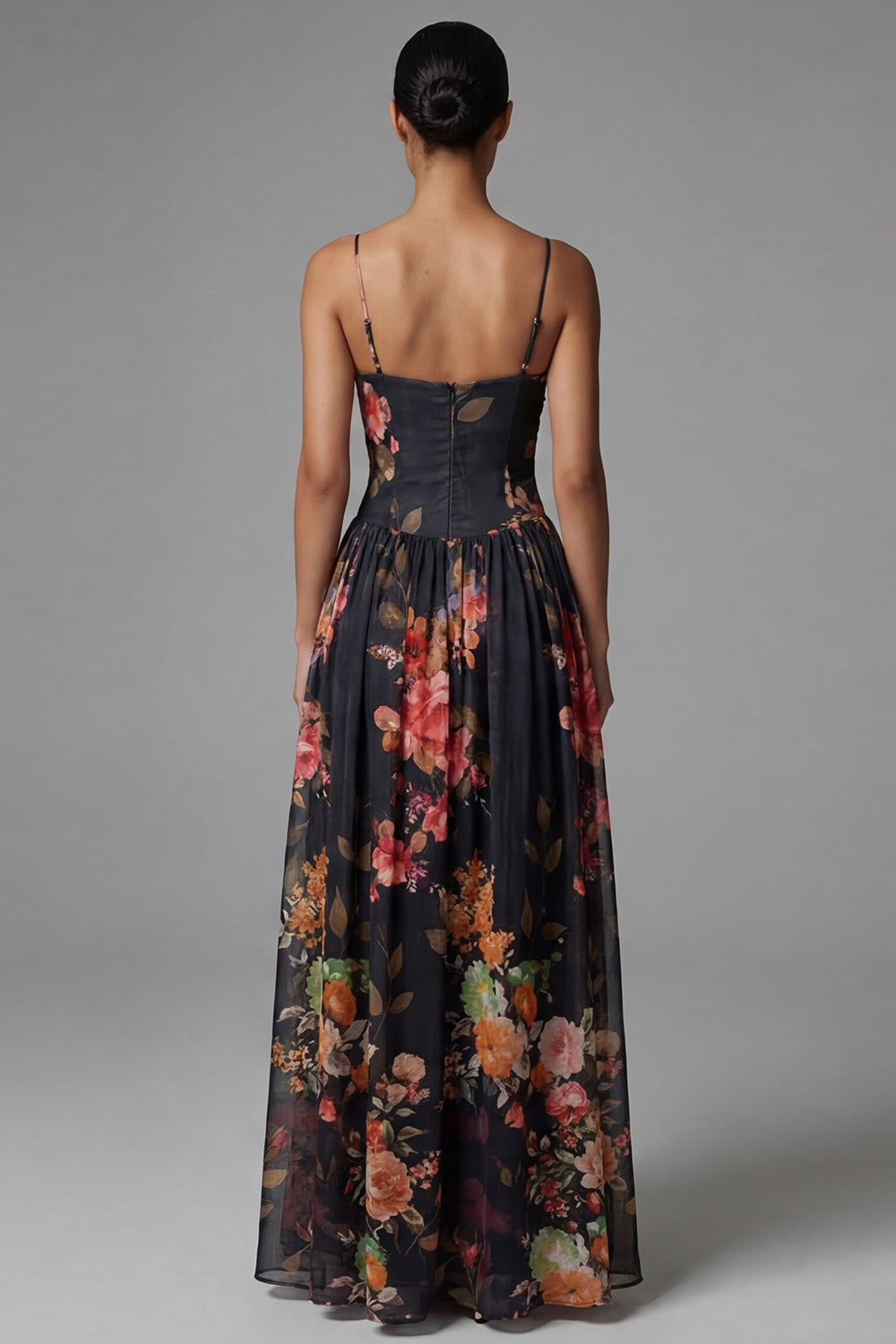 Black A Line Printed Ruched Maxi Formal Dress