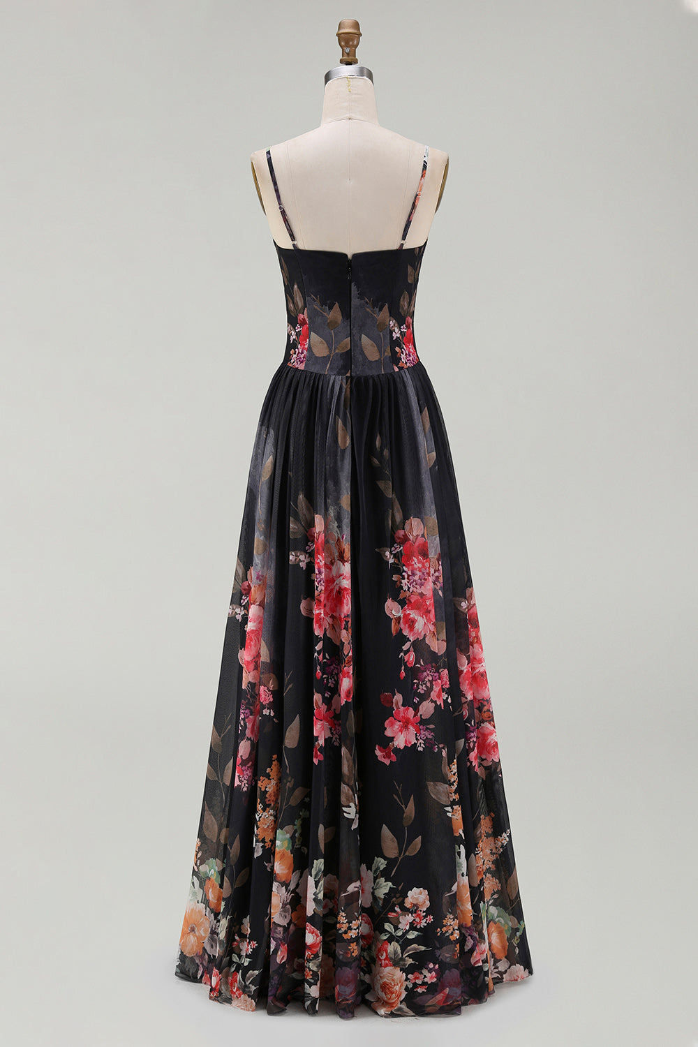 Black A Line Printed Ruched Maxi Formal Dress