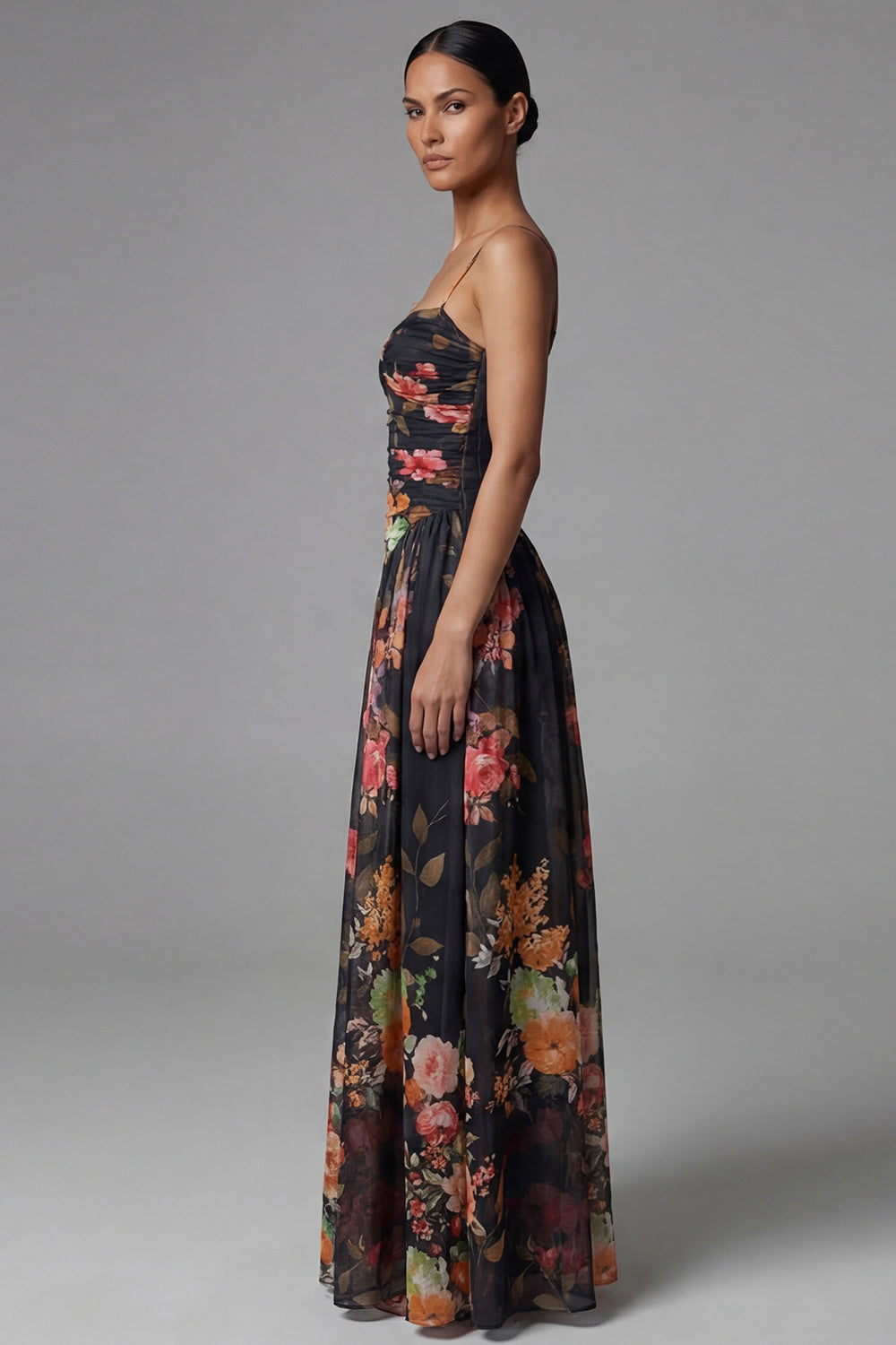 Black A Line Printed Ruched Maxi Formal Dress