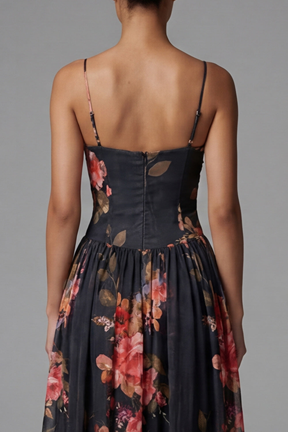 Black A Line Printed Ruched Maxi Formal Dress