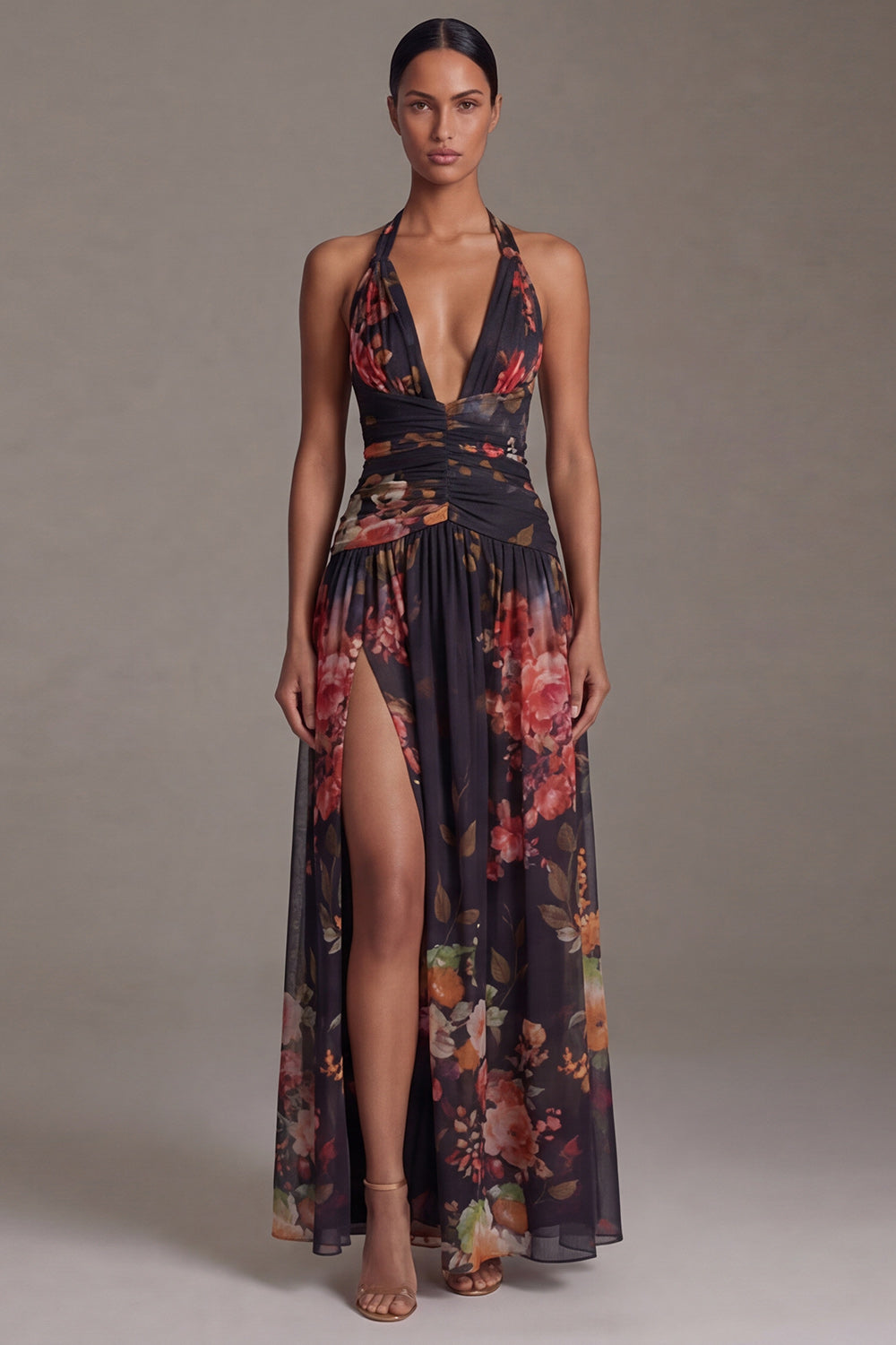 Halter Black A Line Printed Ruched Formal Dress