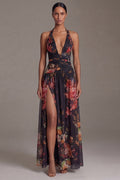 Halter Black A Line Printed Ruched Formal Dress