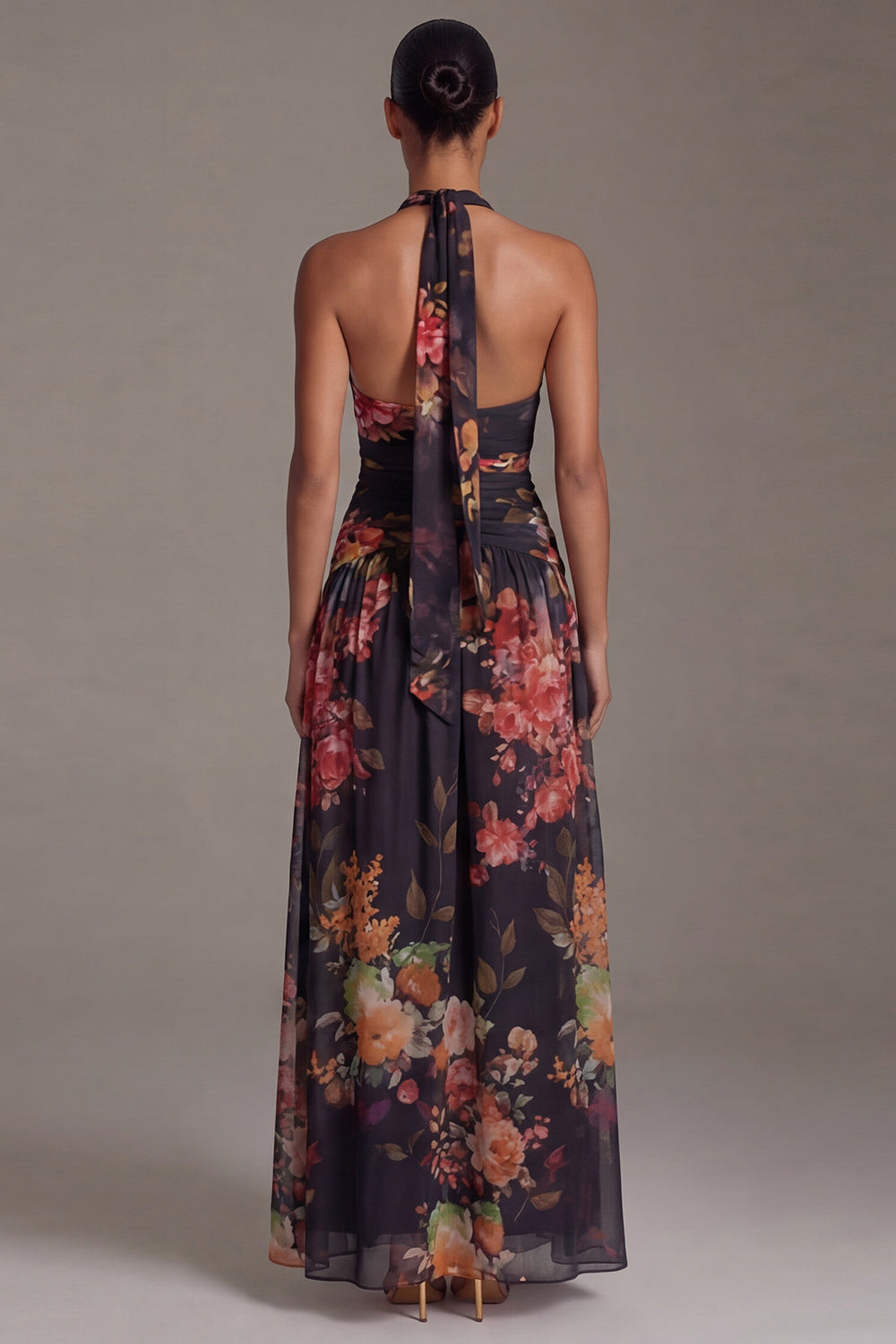 Halter Black A Line Printed Ruched Formal Dress