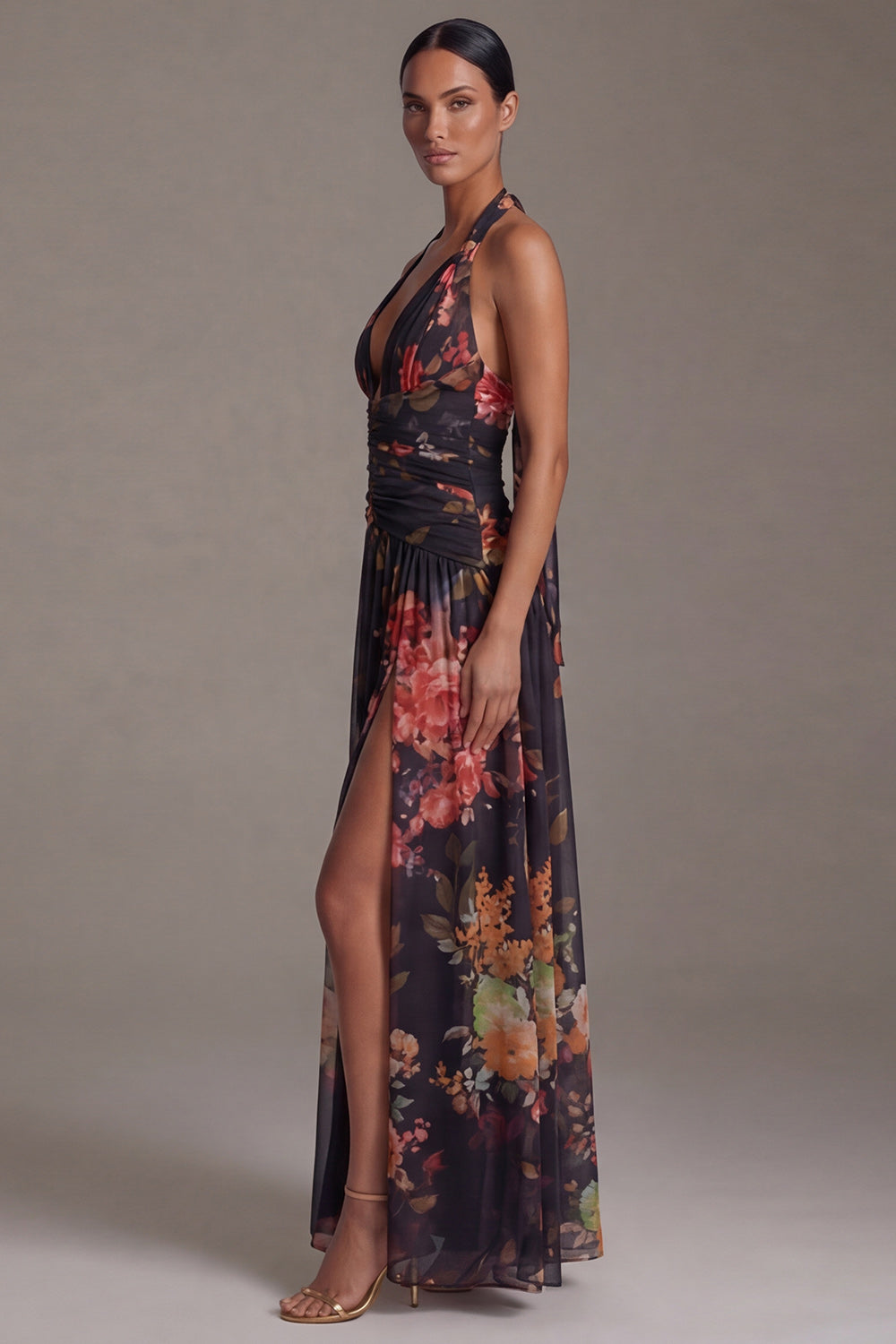 Halter Black A Line Printed Ruched Formal Dress