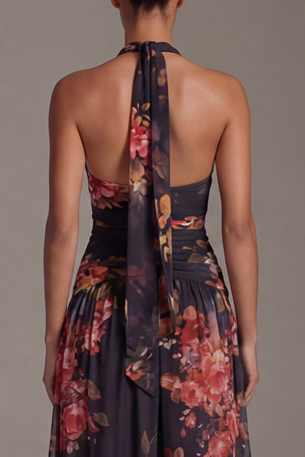Halter Black A Line Printed Ruched Formal Dress