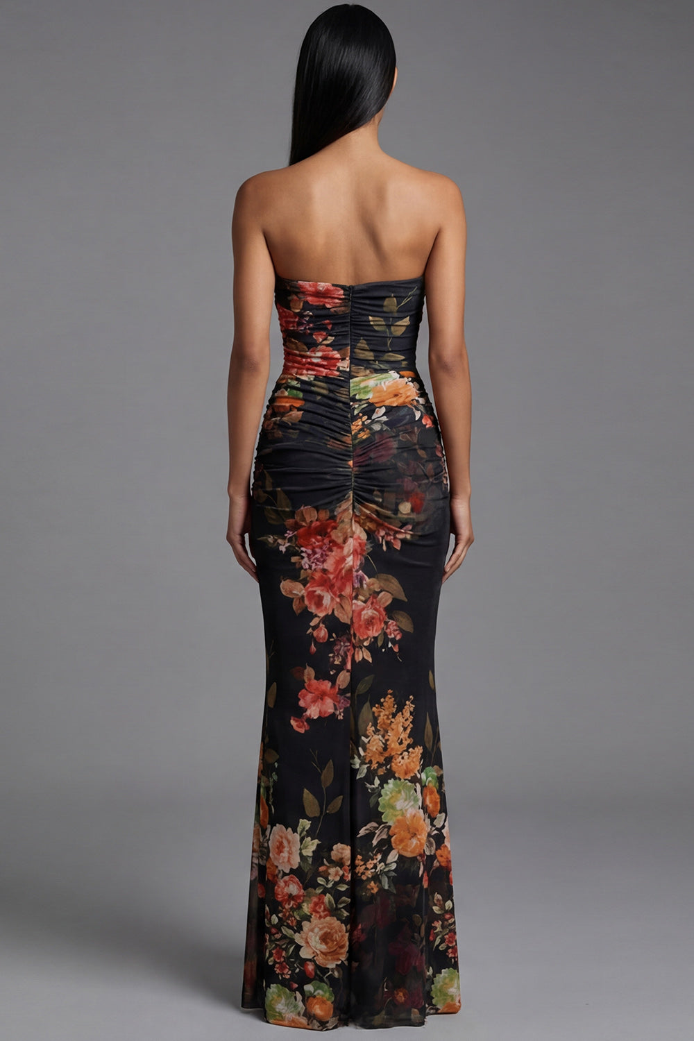 Strapless Ruched Black Mermaid Floral Formal Dress