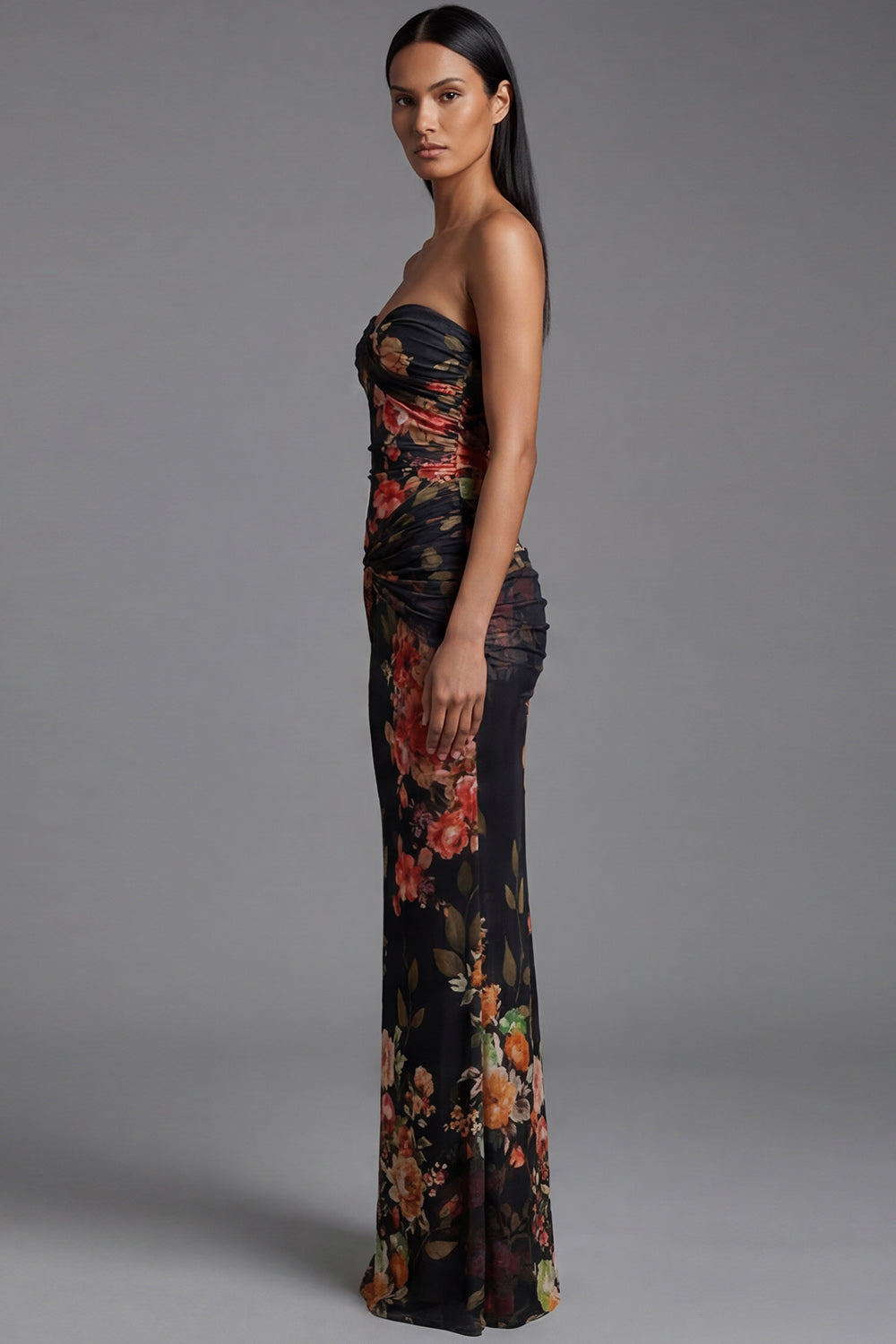 Strapless Ruched Black Mermaid Floral Formal Dress