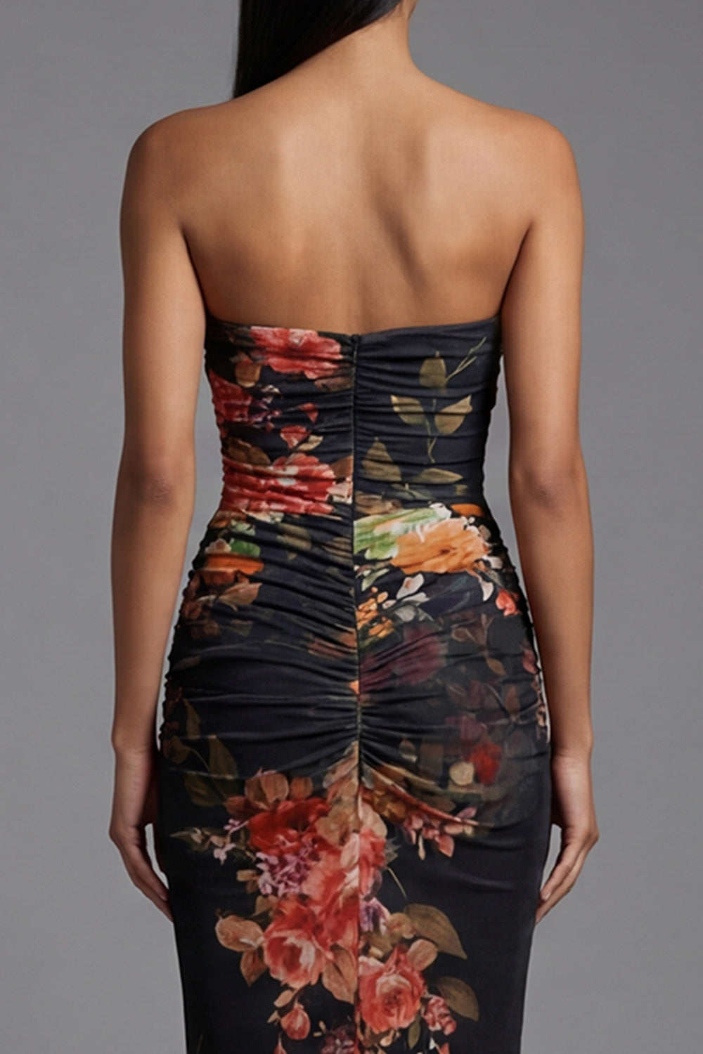 Strapless Ruched Black Mermaid Floral Formal Dress