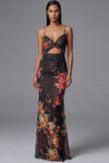 Mermaid Ruched Black Cut Out Floral Formal Dress
