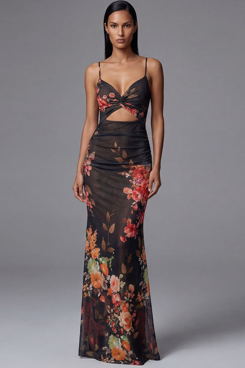 Mermaid Ruched Black Cut Out Floral Formal Dress