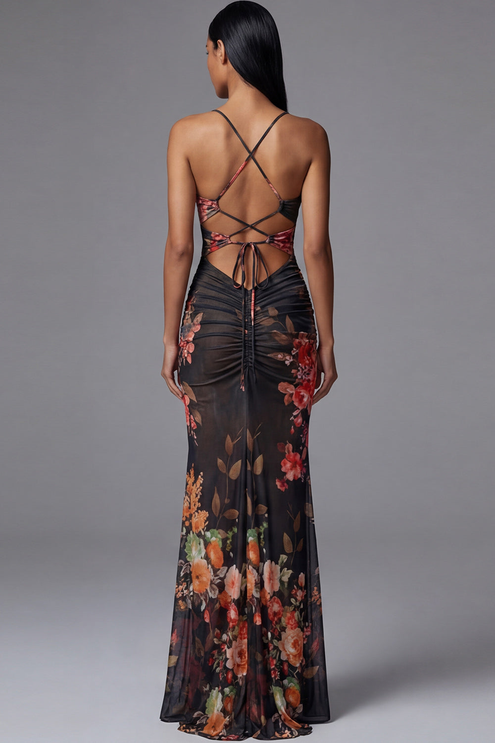 Mermaid Ruched Black Cut Out Floral Formal Dress