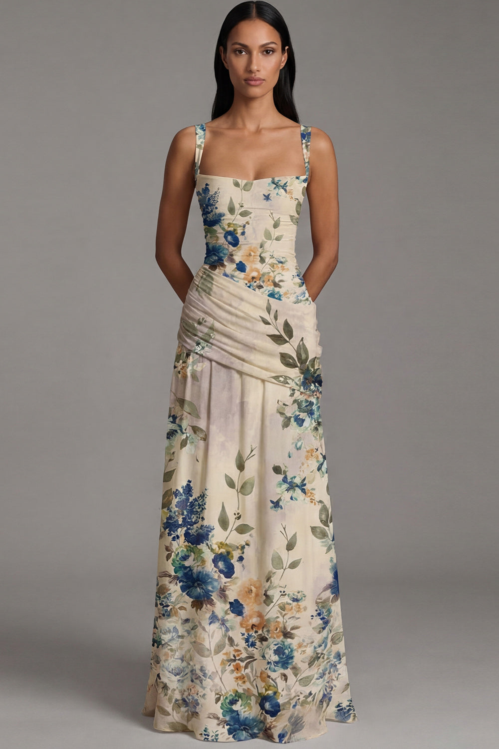 Ivory Ruched A Line Printed Maxi Formal Dress