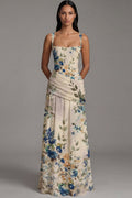 Ivory Ruched A Line Printed Maxi Formal Dress