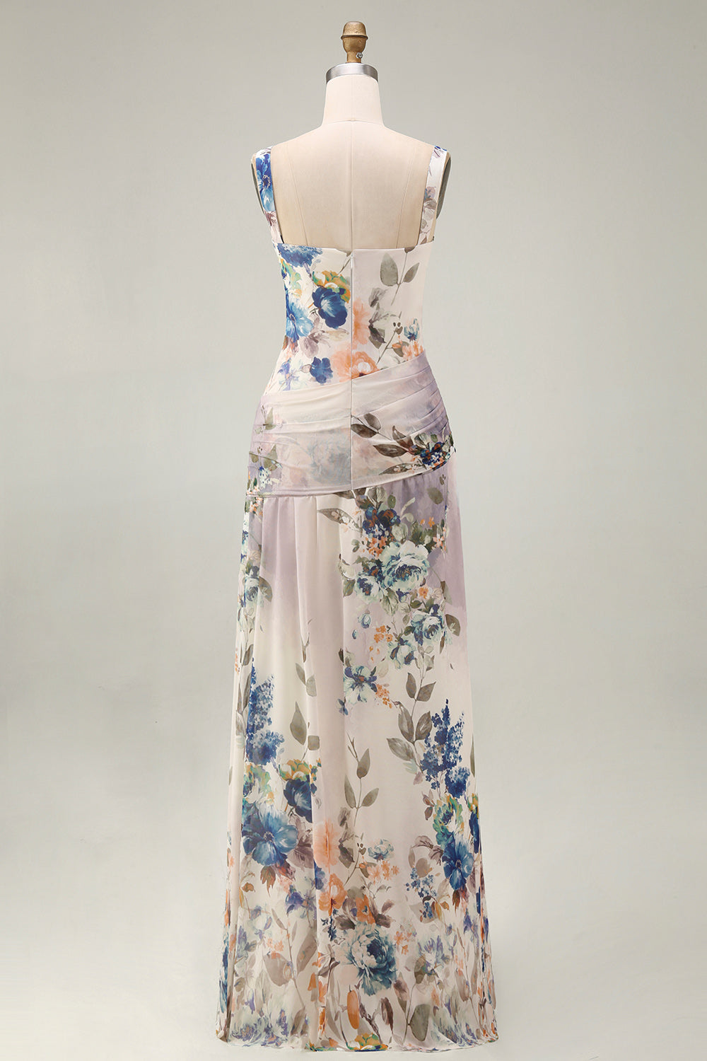 Ivory Ruched A Line Printed Maxi Formal Dress