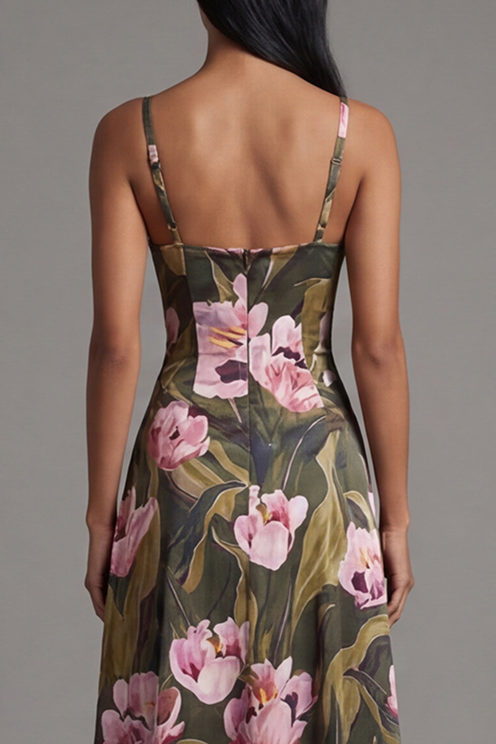 A Line Printed Olive Maxi Formal Dress