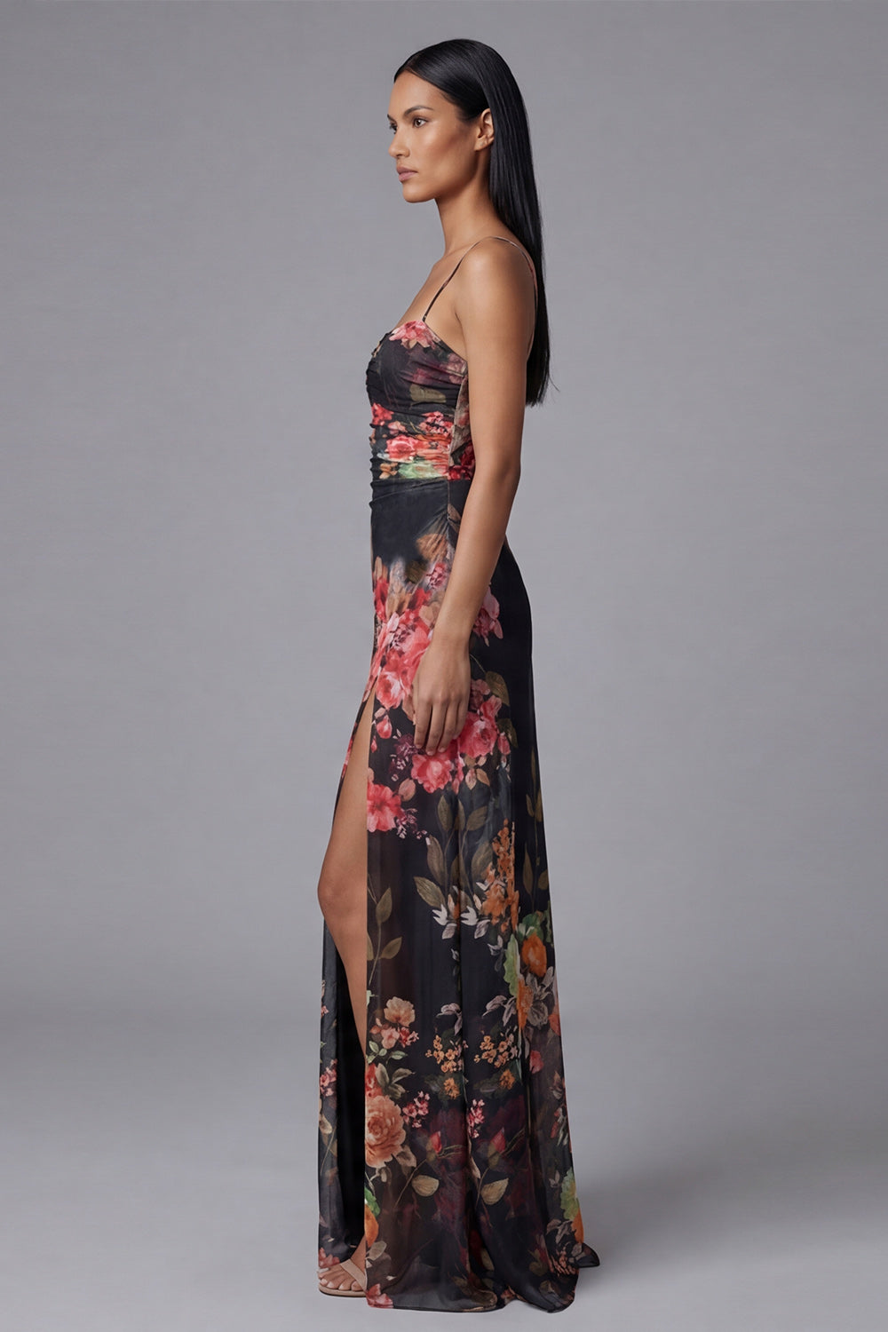 Ivory Ruched Printed A Line Maxi Formal Dress