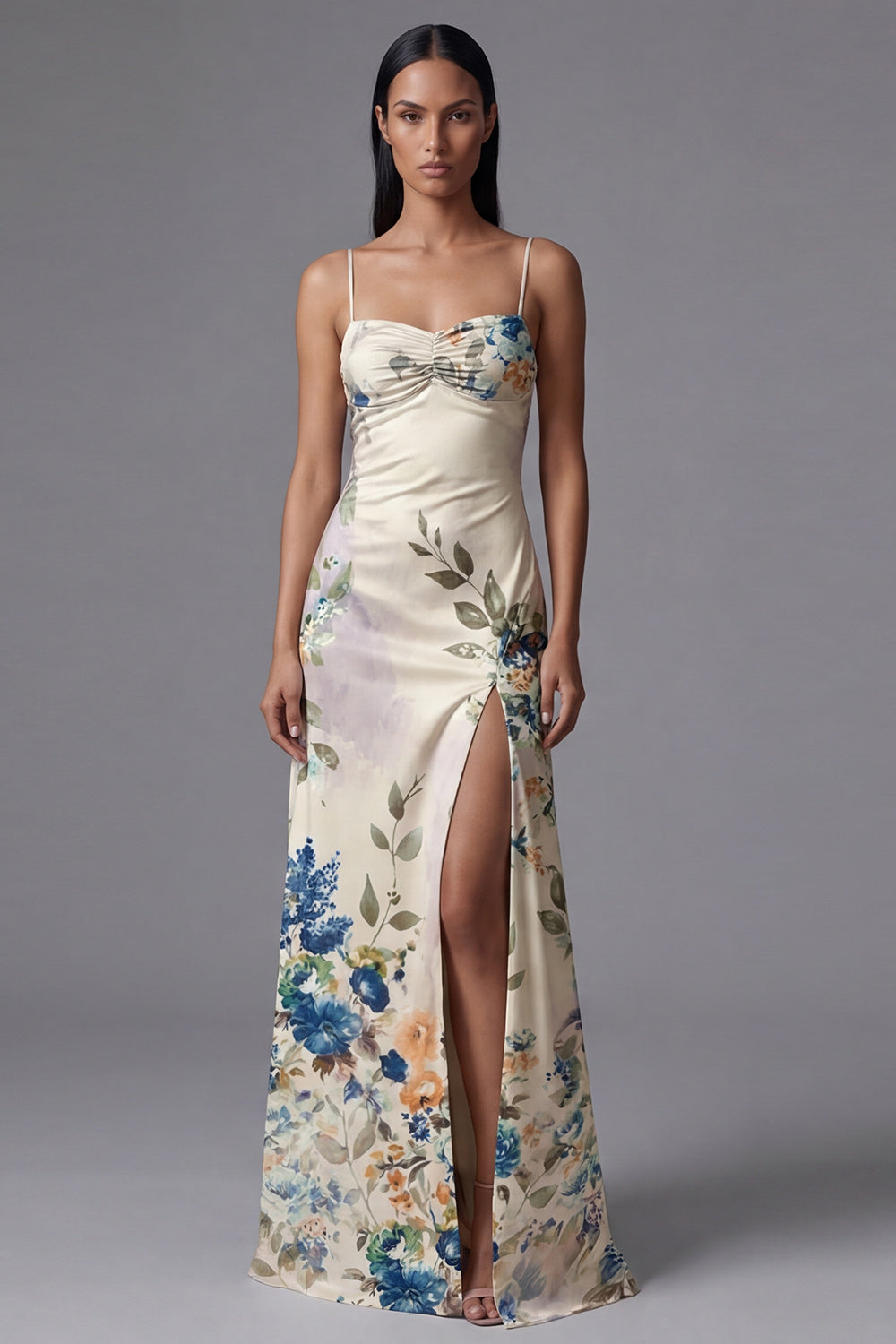 Ivory Ruched Printed A Line Maxi Formal Dress
