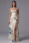 Ivory Ruched Printed A Line Maxi Formal Dress