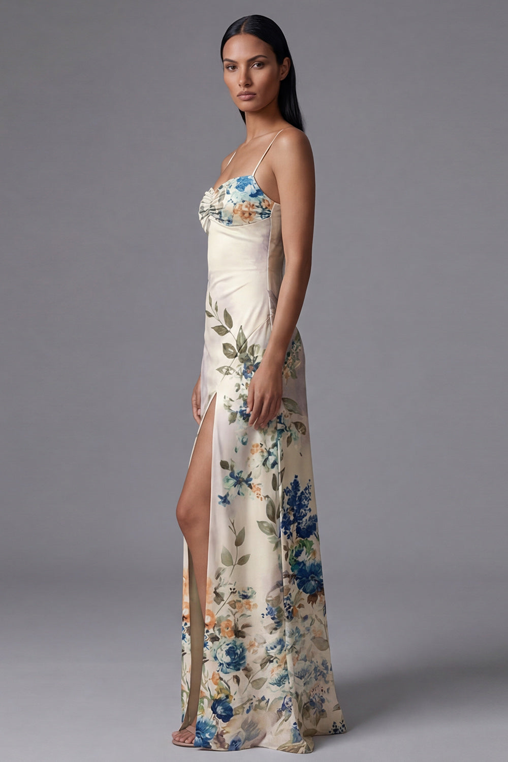 Ivory Ruched Printed A Line Maxi Formal Dress