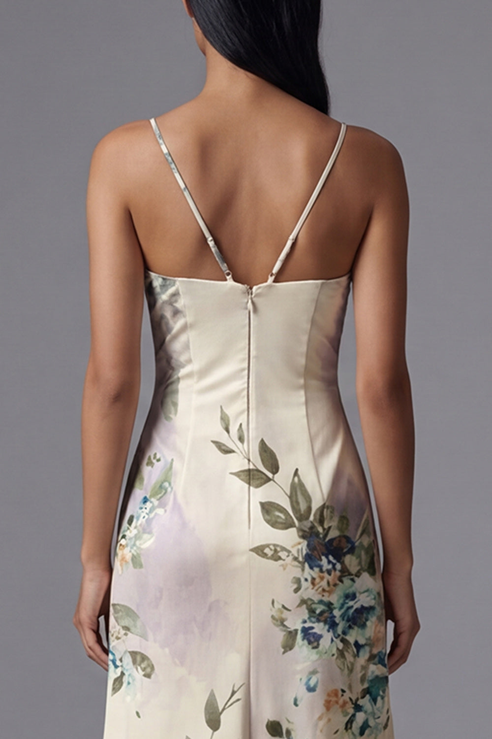 Ivory Ruched Printed A Line Maxi Formal Dress
