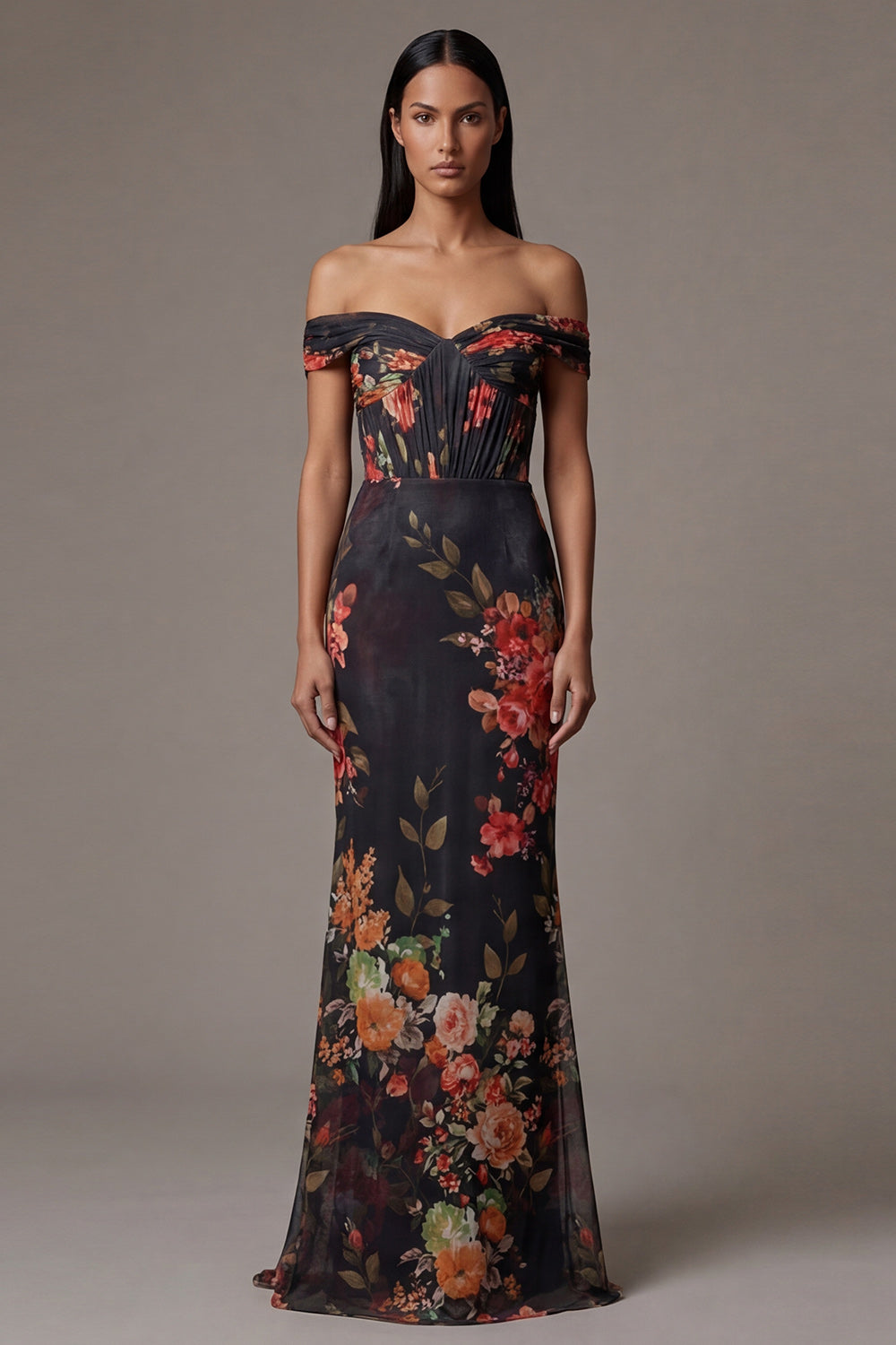 Off the Shoulder Cut Out Mermaid Black Floral Formal Dress