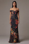 Off the Shoulder Cut Out Mermaid Black Floral Formal Dress