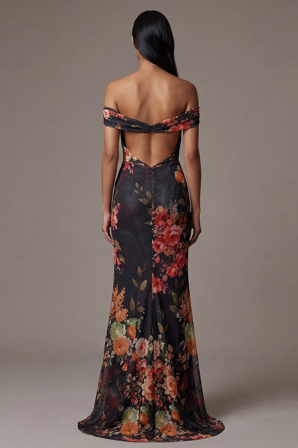 Off the Shoulder Cut Out Mermaid Black Floral Formal Dress