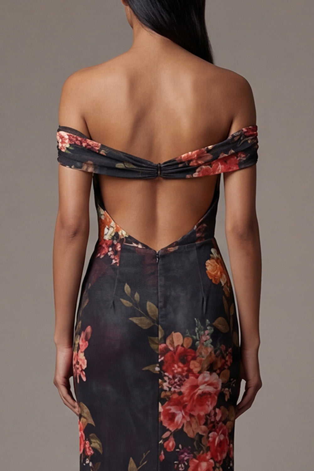Off the Shoulder Cut Out Mermaid Black Floral Formal Dress