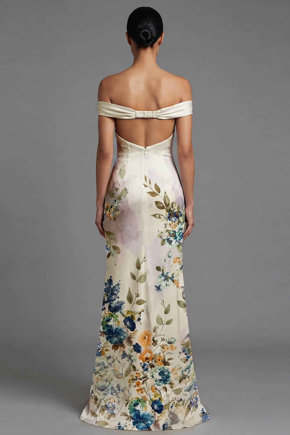 Off the Shoulder Mermaid Cut Out Ivory Printed Formal Dress