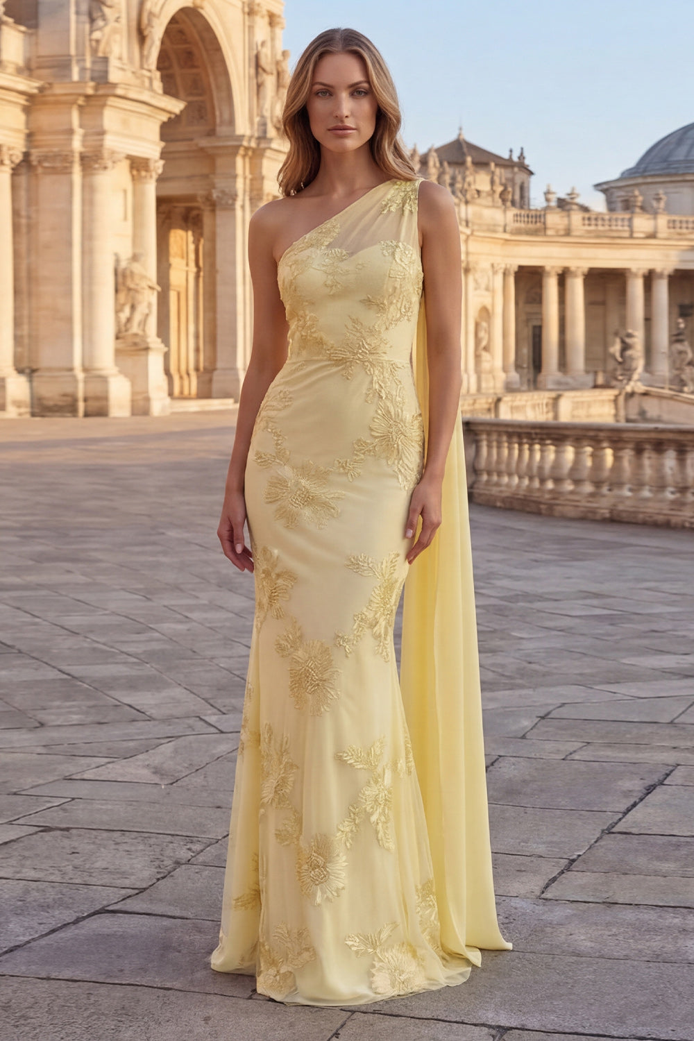 One Shoulder Mermaid Yellow Appliqued Prom Dress with Streamer