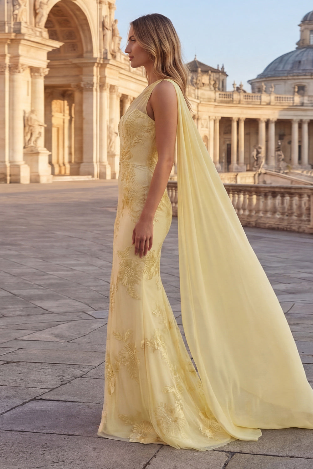 One Shoulder Mermaid Yellow Appliqued Prom Dress with Streamer