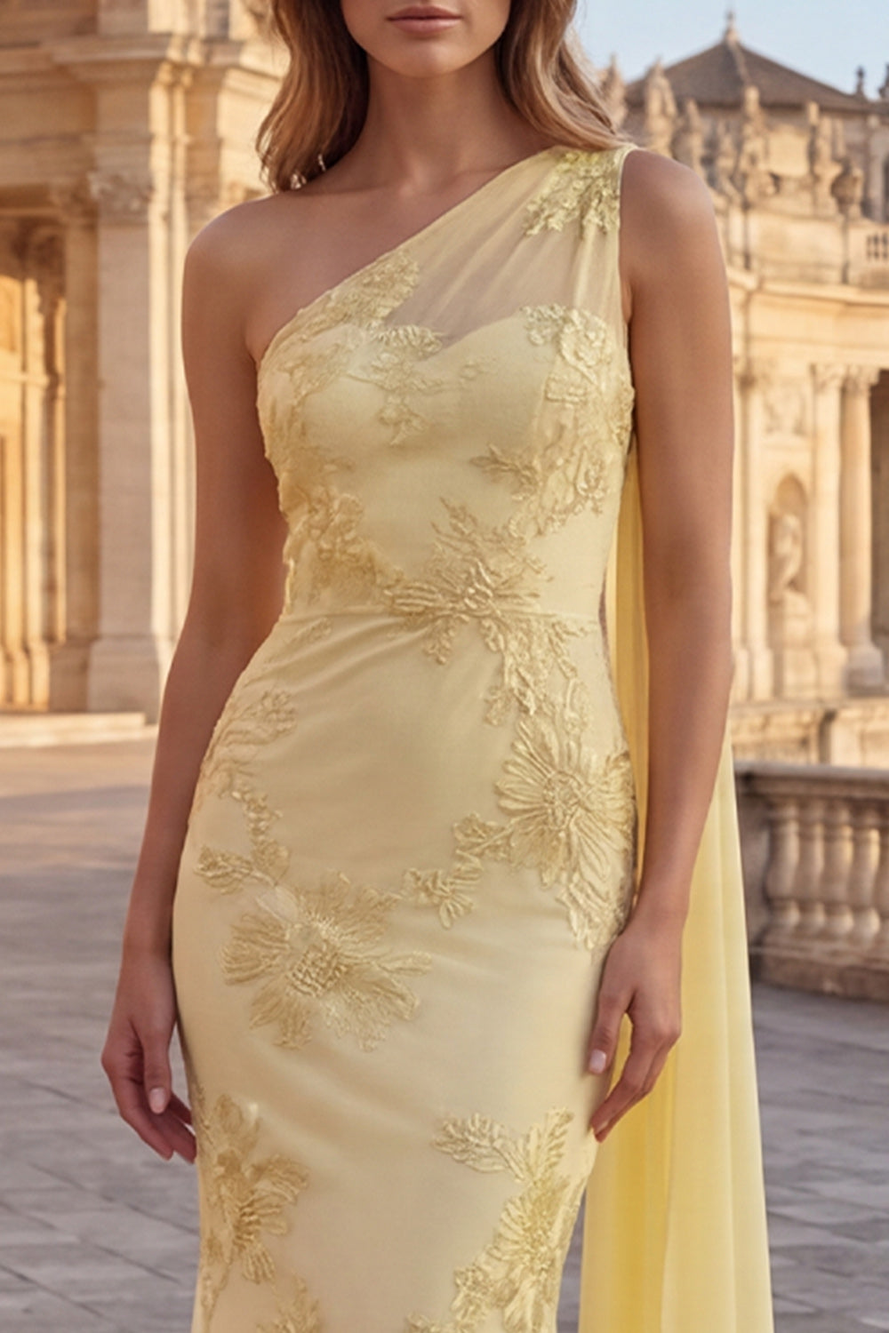 One Shoulder Mermaid Yellow Appliqued Prom Dress with Streamer