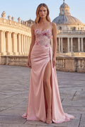 Pink Corset Mermaid Appliqued Prom Dress with Side Cape