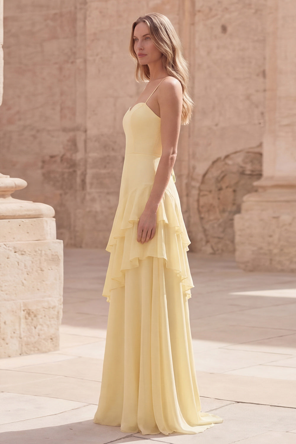 Yellow A Line Ruffled Maxi Prom Dress