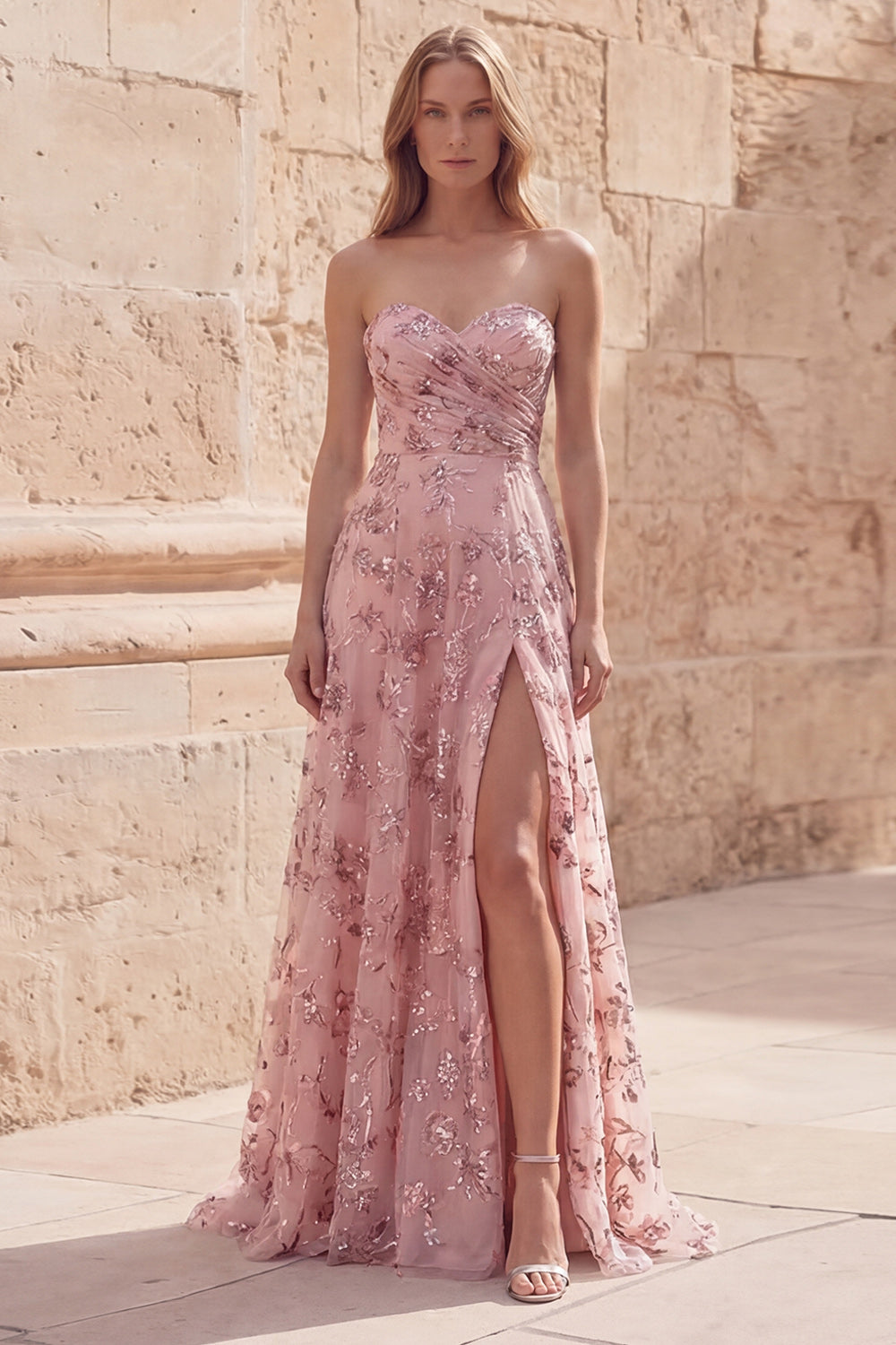 Strapless Blush Appliqued A Line Ruched Prom Dress