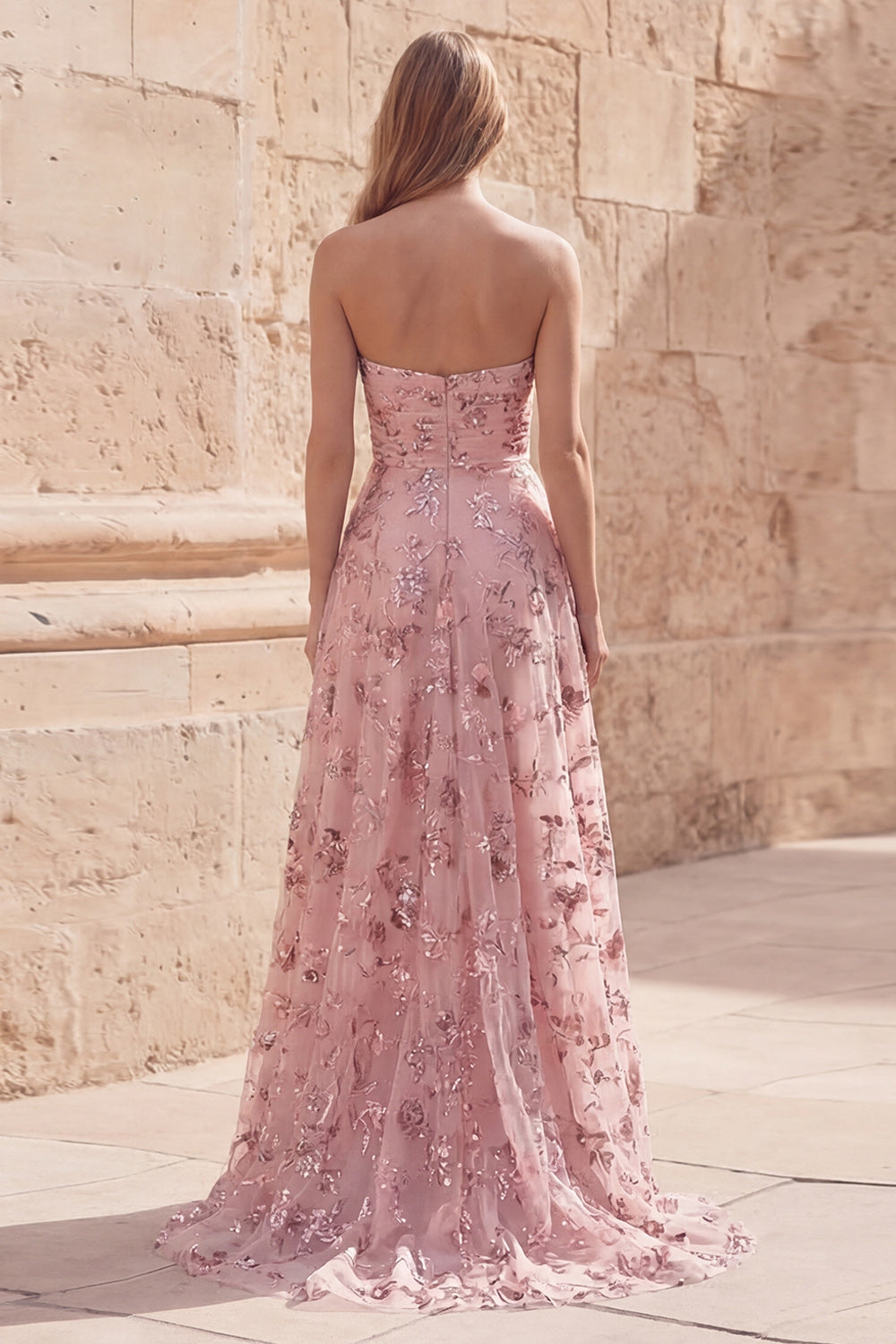 Strapless Blush Appliqued A Line Ruched Prom Dress