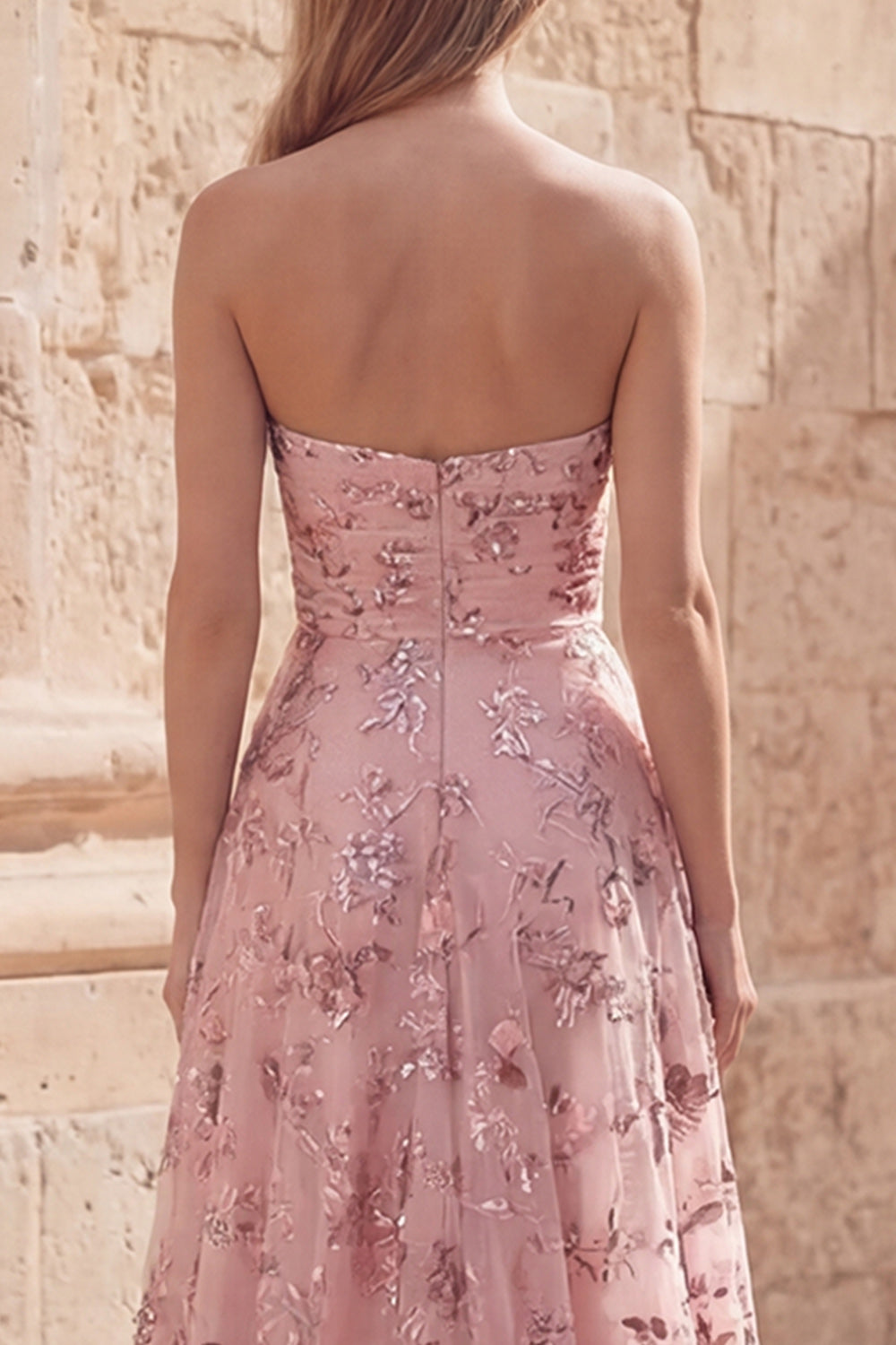 Strapless Blush Appliqued A Line Ruched Prom Dress