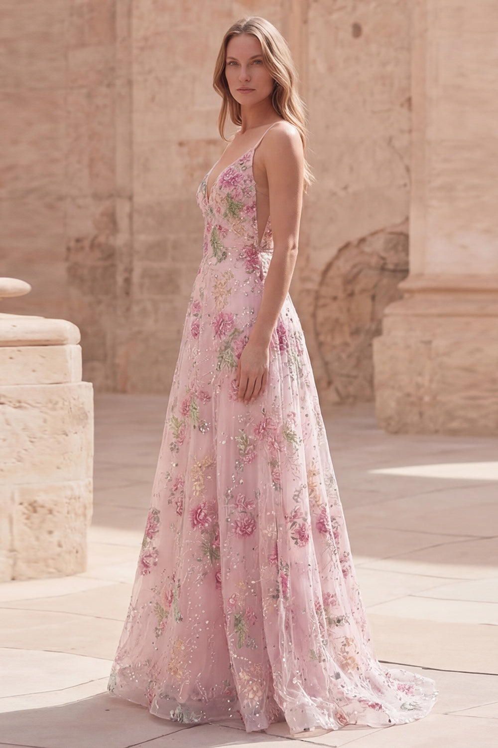 Floral Pink Sequin A Line Maxi Prom Dress