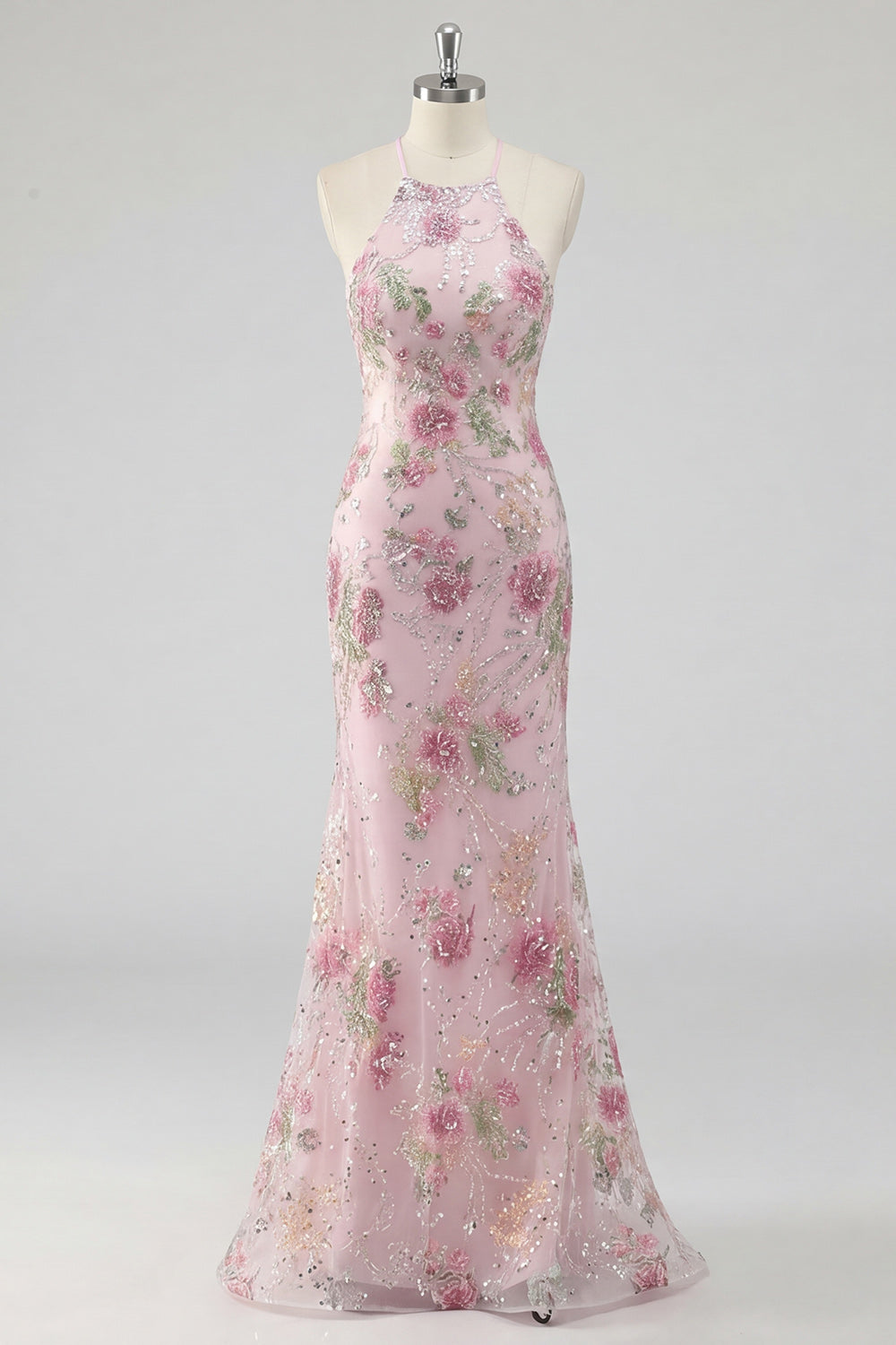 Halter Floral Pink Sequin Mermaid Maxi Prom Dress