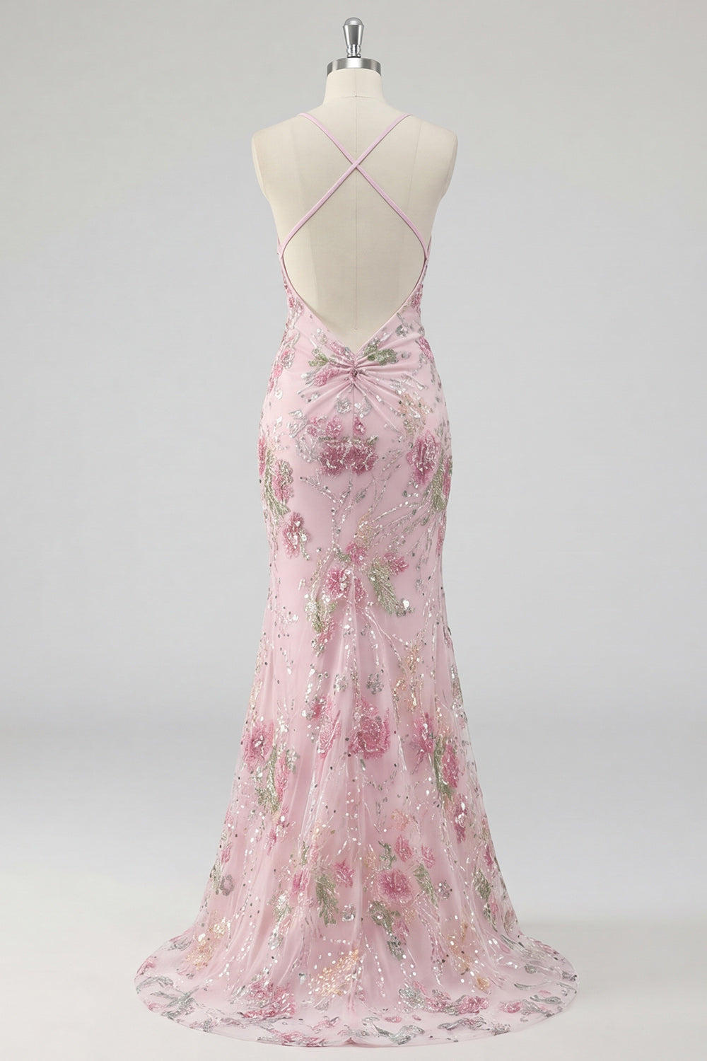 Halter Floral Pink Sequin Mermaid Maxi Prom Dress