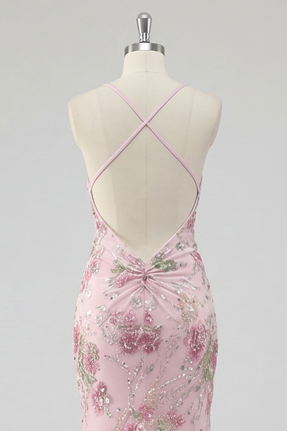 Halter Floral Pink Sequin Mermaid Maxi Prom Dress