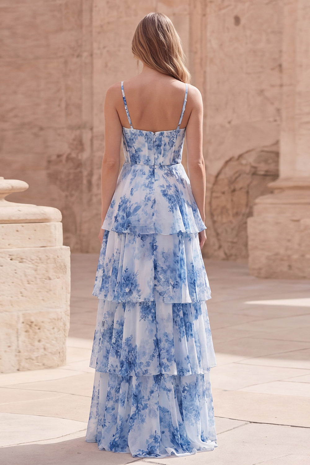 Tiered Blue Floral Corset Maxi Prom Dress