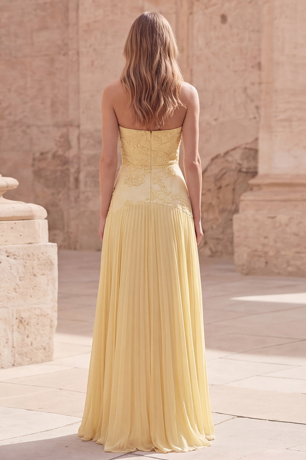 Strapless Yellow A Line Appliqued Maxi Prom Dress