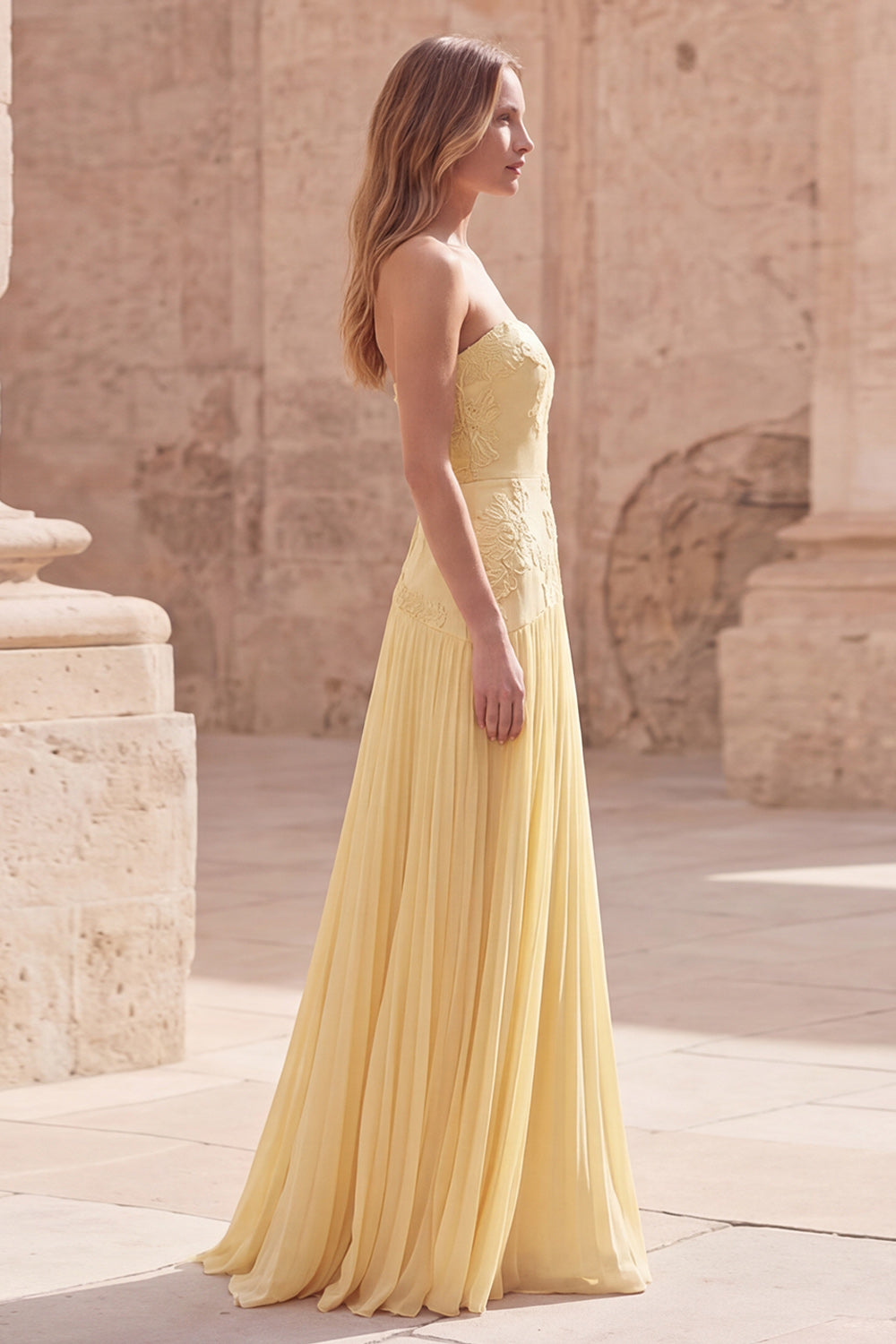 Strapless Yellow A Line Appliqued Maxi Prom Dress
