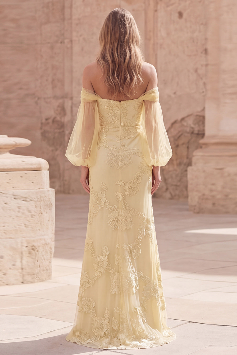 Off the Shoulder Yellow Mermaid Appliqued Maxi Prom Dress