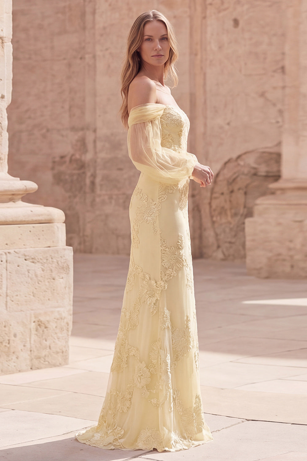 Off the Shoulder Yellow Mermaid Appliqued Maxi Prom Dress
