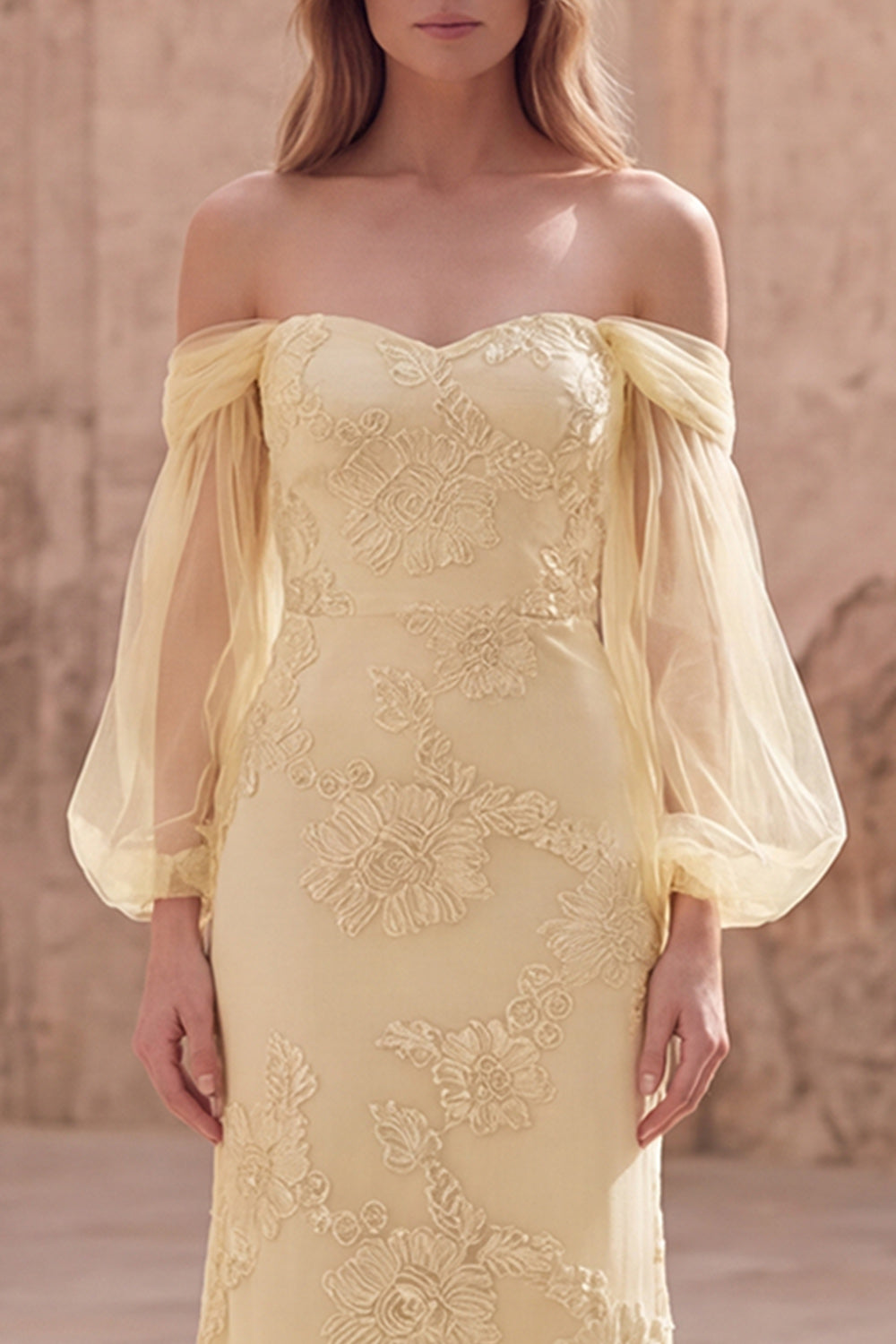 Off the Shoulder Yellow Mermaid Appliqued Maxi Prom Dress
