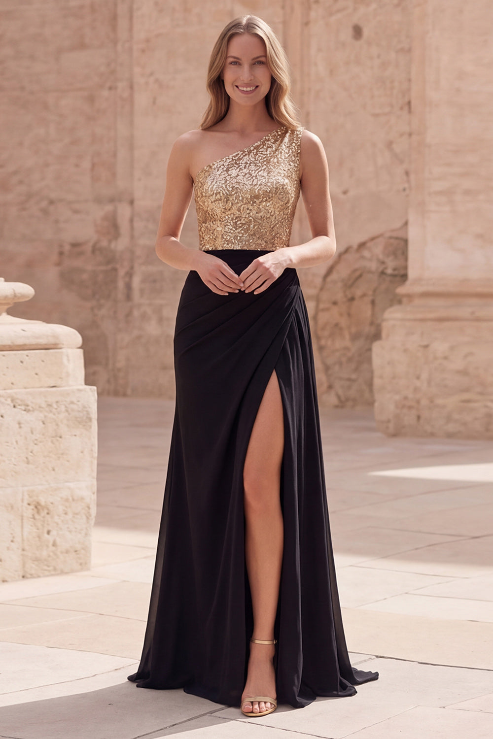 Gold and Black One Shoulder Sequin Maxi Prom Dress
