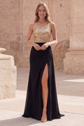 Gold and Black One Shoulder Sequin Maxi Prom Dress