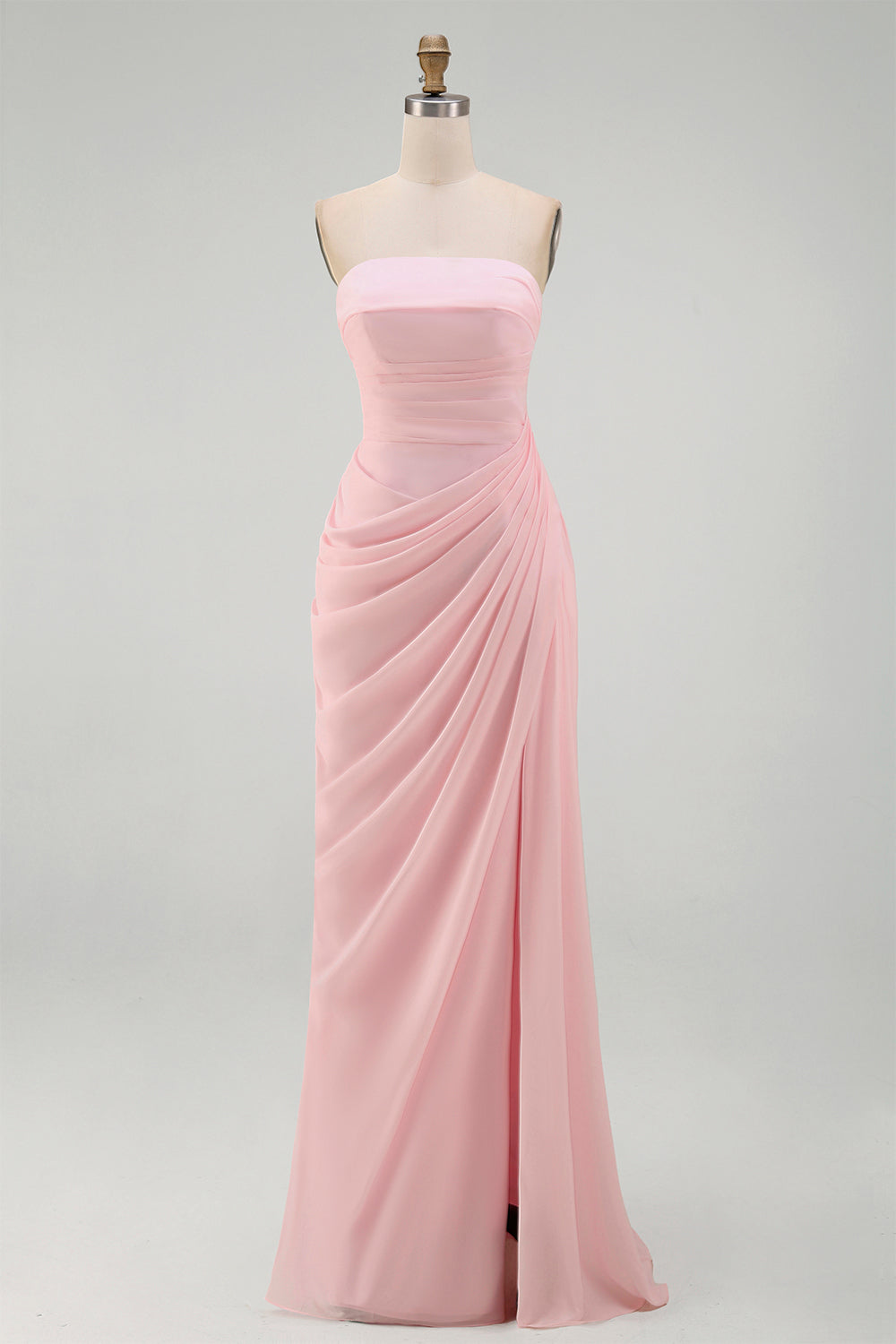 Light Pink Strapless Ruched Sheath Prom Dress with Slit